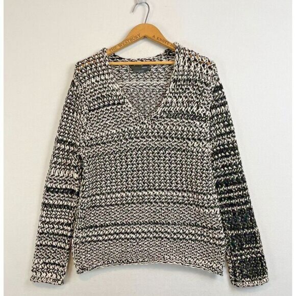 BABATON Aritzia Chunky Open Knit V Neck Sweater Sz M Black White Relaxed Fit - Picture 3 of 10